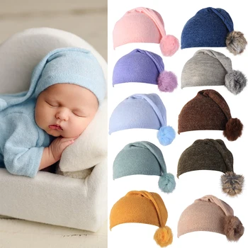 Фотосъемка в шапочке для новорожденных, Мягкие Милые шапочки, вязаная меховая шапочка с шариком для девочек и мальчиков, реквизит для фотостудии, Аксессуары для ребенка 0-6 месяцев