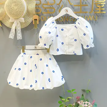 Комплекты белых юбок с вышивкой для девочек из 2 предметов, Лето 2022, рубашки и юбки с пышными рукавами, детская одежда Princess Kids, костюмы для детей