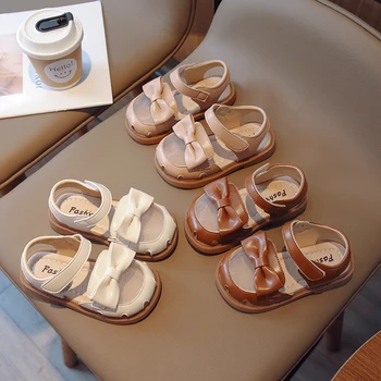 Сандалии для девочек с сетчатым бантом, дышащие Летние детские туфли Mary Janes 22-31 для малышей, Трехцветная Гибкая детская обувь для малышей