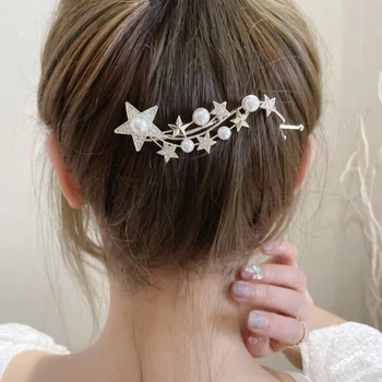 Металлическая заколка для волос в форме изогнутой звезды с жемчужным декором, изящная заколка для женщин на день рождения, карнавалы, нескользящая.