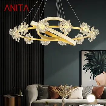 Роскошные люстры ANITA Gold Освещают Современный хрустальный подвесной светильник из светодиодной латуни Flower Home для гостиной