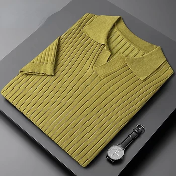 Летняя мужская рубашка поло Ice Silk 2023 с коротким рукавом, деловая мода, отложной воротник, приталенная повседневная трикотажная футболка Homme B84