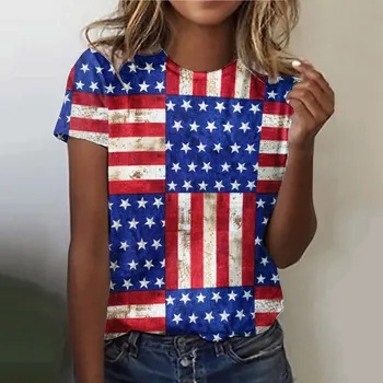 Женские топы на День независимости, футболки с 3D принтом флага США, короткий рукав, круглый вырез, повседневные футболки для девочек 90-х, свободная уличная одежда