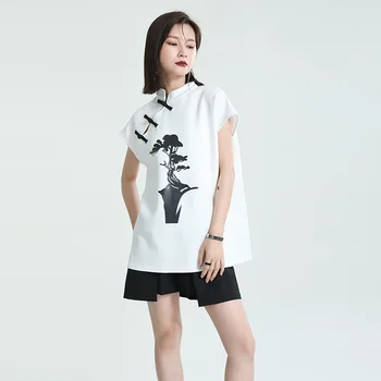 Новый китайский стиль, модифицированный принт с пряжкой Чонсам, футболка с коротким рукавом, женская летняя свободная тонкая блузка средней длины