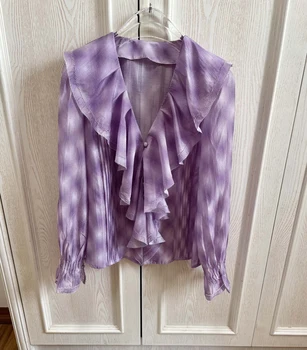 Градиентная фиолетовая рубашка в клетку с V-образным вырезом в виде листьев, выдолбленный кружевной дизайн с волшебной ценностью на все случаи жизни