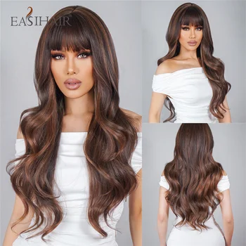 Смешанные синтетические парики EASIHAIR коричнево-русые, длинные Волнистые Термостойкие Натуральные парики с челкой для женщин, повседневный косплей, накладные волосы