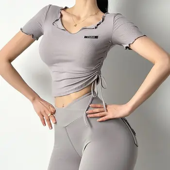 Летний спортивный женский топ с короткими рукавами, сексуальный пупок, Быстросохнущая облегающая футболка для бега, йоги, спортивная одежда для фитнеса