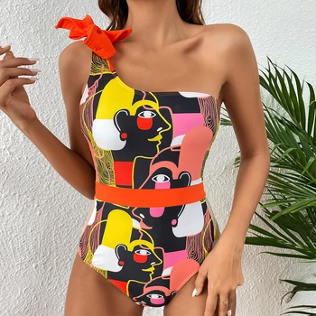 Женский купальный костюм, пляжная одежда, Монокини с открытой спиной, летний Новый Сексуальный цельный купальник с принтом и рюшами на одно плечо, купальники