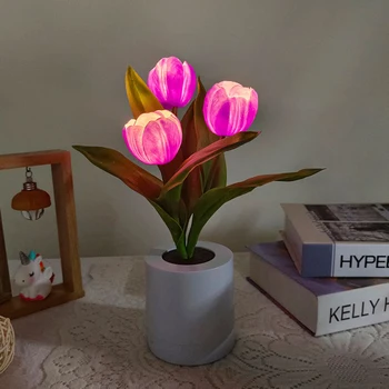 Цветок Тюльпана Бонсай Лампа Перезаряжаемая Светодиодная Цветочная Пейзажная Лампа с 2 Передачами Яркости Art Craft Home Decor для Спальни Студенческого Общежития