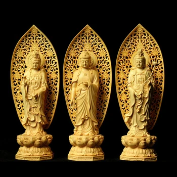 Фигурка из самшита, китайская скульптура Будды Хиноки, Вестерн 3, Резьба по священному дереву, Статуя для поклонения Будде, ремесла, домашний декор