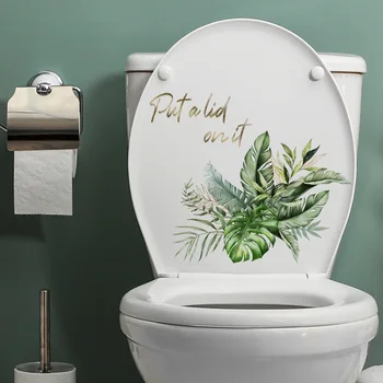 Лист зеленого растения, крышка для сиденья унитаза в ванной, наклейки, наклейки из ПВХ, самоклеящиеся, декор для туалета, Наклейка на крышку унитаза, искусство