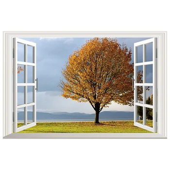 За окном Пейзаж с большим деревом, 3D Настенная виниловая роспись, наклейки, Ранняя осень, газон, Небесный пейзаж, Плакат, обои 60 * 40 см