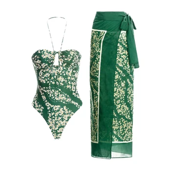 Цельнокроеные женские зеленые купальники с принтом на бретелях и юбки длиной до колен, открытое сексуальное бикини с высокой талией, купальники для летних пляжных вечеринок