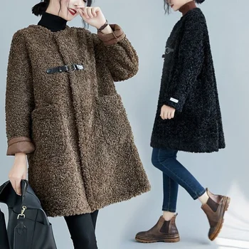 Мешковатая одежда для женщин из шерсти ягненка, Длинные куртки, Зимние толстые теплые плюшевые пальто, женское свободное пальто из искусственного меха, верхняя одежда больших размеров AA5602