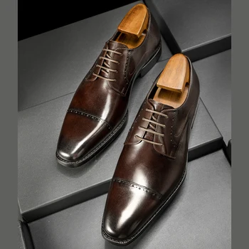 Мужская кожаная обувь Обувь для делового костюма Мужские Брендовые шнурки из натуральной кожи Черные шнурки Свадебная мужская обувь Phenkang 2021