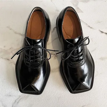 Новые модные женские и мужские дерби из черной кожи на платформе, повседневная обувь с квадратным носком из натуральной кожи, высококачественная обувь на плоской подошве