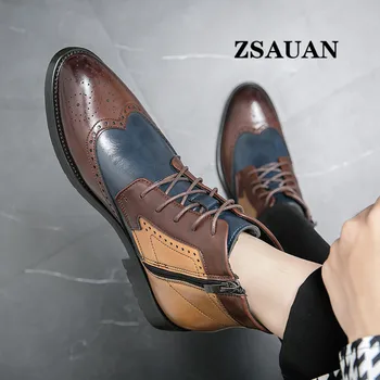Мужские ботинки с высоким берцем в стиле пэчворк ZSAUAN, мужские ботинки-броги с острым носком, британские мужские ботинки на молнии, деловые ботинки в стиле Пэчворк