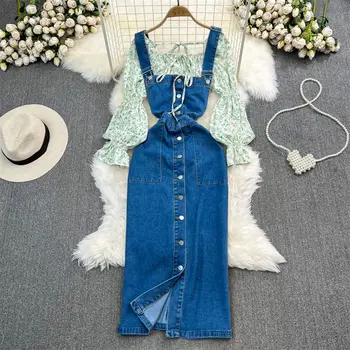 Шифоновая рубашка с пузырчатым рукавом и квадратным вырезом в цветочек, комплект из двух предметов, повседневное однобортное платье из джинсовой ткани с разрезом и ремешком, приталенный наряд Z1562