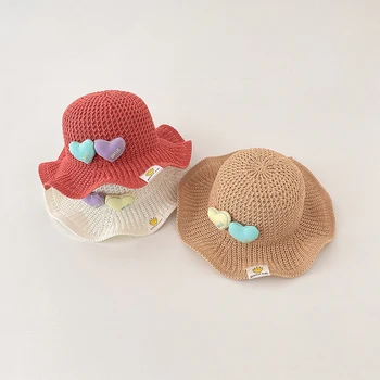 2023 Новая мода Для маленьких девочек Снаружи Соломенная Шляпа Защита От Солнца В форме сердца Детские Летние Пляжные Милые Детские Шляпы-ведерки