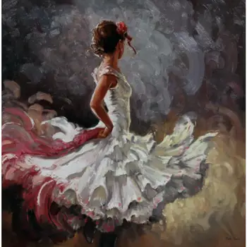 Танцовщица, холст, ручная масляная живопись, танцующая фламенко, картина для декора спальни, современное произведение искусства, Фигуративная женщина в белом платье