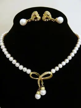 красивое свадебное ожерелье из желтого золота 7-8 мм с белым жемчугом, серьги AAA 18