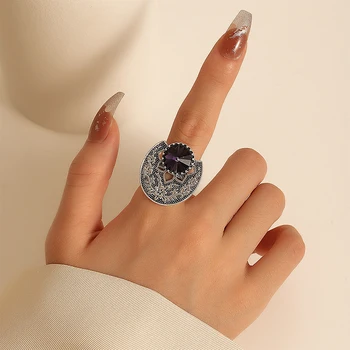 Винтажное Этническое кольцо с фиолетовым кристаллом, женское Богемное Серебряное кольцо с резным цветком, Веерообразные кольца для пальцев, подарок для женской вечеринки, ювелирные изделия