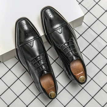 Мужская кожаная обувь с резьбой по Броку, модельная деловая офисная обувь, мужские туфли-дерби для свадебной вечеринки, черные оксфорды в стиле ретро с острым носком