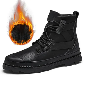 Хорошая осенне-зимняя обувь, мужские ботинки из натуральной кожи, черные Модные мужские ботильоны, Теплая Плюшевая мужская обувь для холодной зимы KA4087