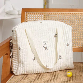 Бежевая сумка для беременных большой емкости, многоразовые подгузники для мамы, Милая детская сумка с вышивкой, сумки для колясок на молнии