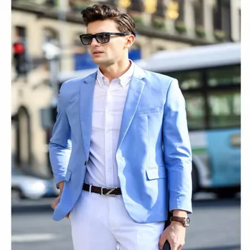 Весенний Новый стиль Youny, мужские светло-голубые костюмы для повседневной работы, сшитый на заказ Модный мужской блейзер из 2 предметов с белыми брюками
