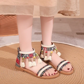 Женские босоножки Летние женские туфли на плоской подошве в богемном этническом стиле, женские босоножки со стразами, пляжные удобные тапочки