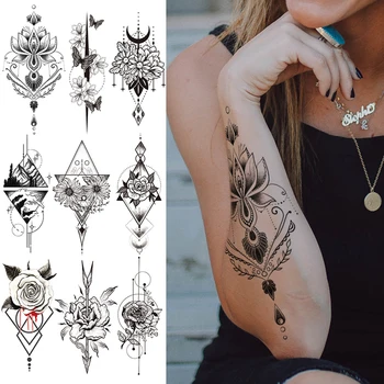 Временные татуировки для женщин, наклейки хной Менди для рук, татуировка Мандала, черные эскизы татуировок, узор из цветов Лотоса и пиона