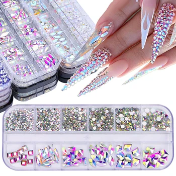 12Grid Multi Size AB /Красочные Исправленные стразы Flatback Crystal Diamond Gems 3D Блестящие украшения для ногтей, талисманы для маникюра