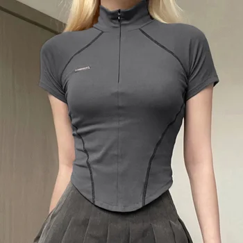 Женские топы с застежкой-молнией, цветная блокировка, облегающие Универсальные женские футболки, облегающая рубашка минималистичного стиля