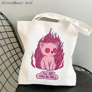Женская сумка для покупок I'll see you in hell с принтом кошки, женская сумка для покупок, холщовая сумка для покупок, женская сумка-тоут, женская сумка на плечо