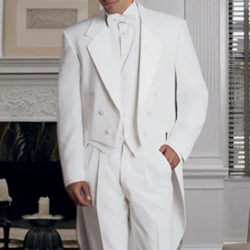 Белый мужской фрак с двубортным свадебным смокингом из 3 предметов для жениха, мужские модные костюмы, куртка, жилет со штанами, Новый