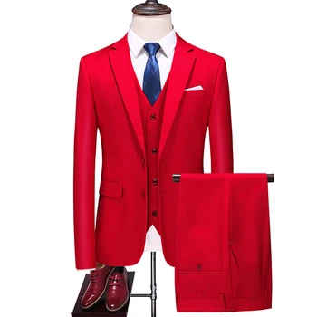 Костюм-тройка, весенний тонкий красный пиджак, мужской деловой повседневный строгий костюм, костюм большого размера, свадебное платье в натуральную величину
