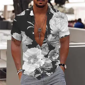 Большие размеры, летние мужские гавайские рубашки с цветочным рисунком, пляжная рубашка с цветочным 3D-принтом, модные топы с коротким рукавом для мужчин, блузка Camisa