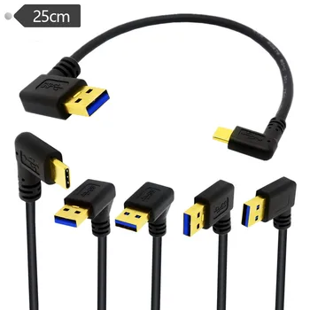 Позолоченный разъем для подключения кабеля синхронизации данных и зарядки USB 3.0 (Type-A) под углом 90 градусов к USB3.1 (Type-C) (черный) 0,25 м
