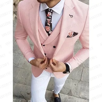 2023 Розовый Мужской костюм, 3 предмета, Изготовленный на Заказ Блейзер для Мужчин, Модные Приталенные Вечерние Свадебные Костюмы для Жениха, Повседневная Мужская куртка, Жилет, Брюки