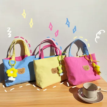 Контрастные цвета Женская холщовая сумка через плечо с милым медведем, женские маленькие сумки для покупок, сумки-тоут, двухсторонняя женская сумка для бенто