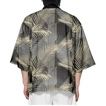 Кимоно с принтом листьев, Женская Мужская рубашка, Модная Традиционная одежда Хаори, Летний Пляжный Кардиган, Топ Оверсайз
