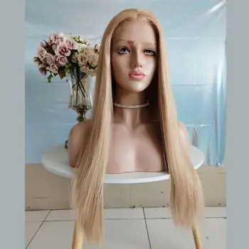 Длинный Прямой синтетический парик на шнурке спереди Золотисто-русые Кружевные парики для женщин