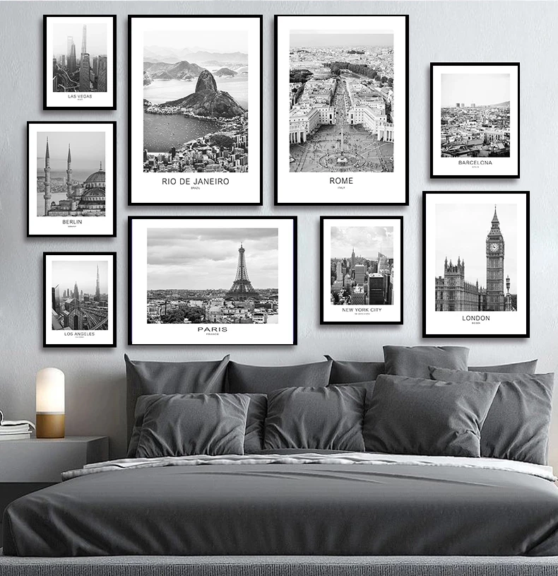 Черно-белый городской пейзаж мира, холст, Париж, Барселона, Берлин, плакат и принты, настенные рисунки для домашнего декора