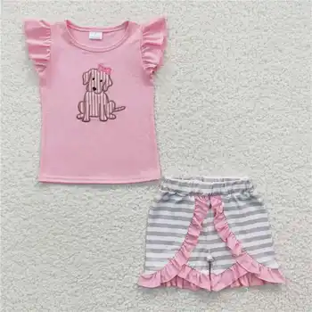 GSSO0223 Летний комплект шорт с вышивкой щенка для маленьких девочек розового цвета с развевающимися рукавами, милая и очаровательная бутик-одежда для маленьких девочек