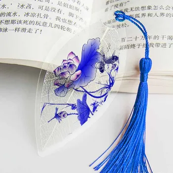 Закладка в виде листьев в китайском стиле с кисточками, красивая сине-белая фарфоровая книжная марка, Офисный подарок школьнику