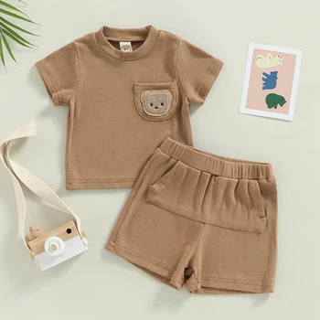 FOCUSNORM от 0 до 5 лет, комплекты одежды для маленьких девочек и мальчиков, 2 шт., футболка с карманом с рисунком Медведя + шорты, комплект