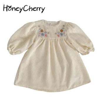 Весеннее платье HoneyCherry с кружевной вышивкой на шее и длинными рукавами-пузырями для девочек, однотонное вельветовое платье, платье принцессы для девочек