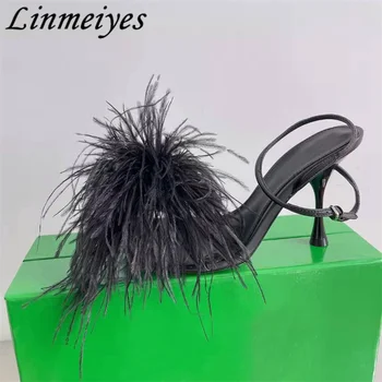 Летние сексуальные босоножки на высоком каблуке, платье из страусиной прически, вечерние туфли, женские вьетнамки, сандалии, женские туфли-лодочки из перьев на тонком каблуке для подиума